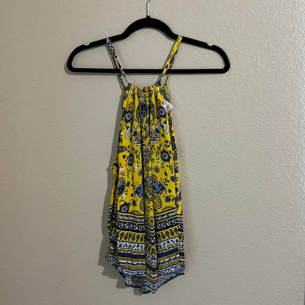 Yellow blue and white bandanna halter tank